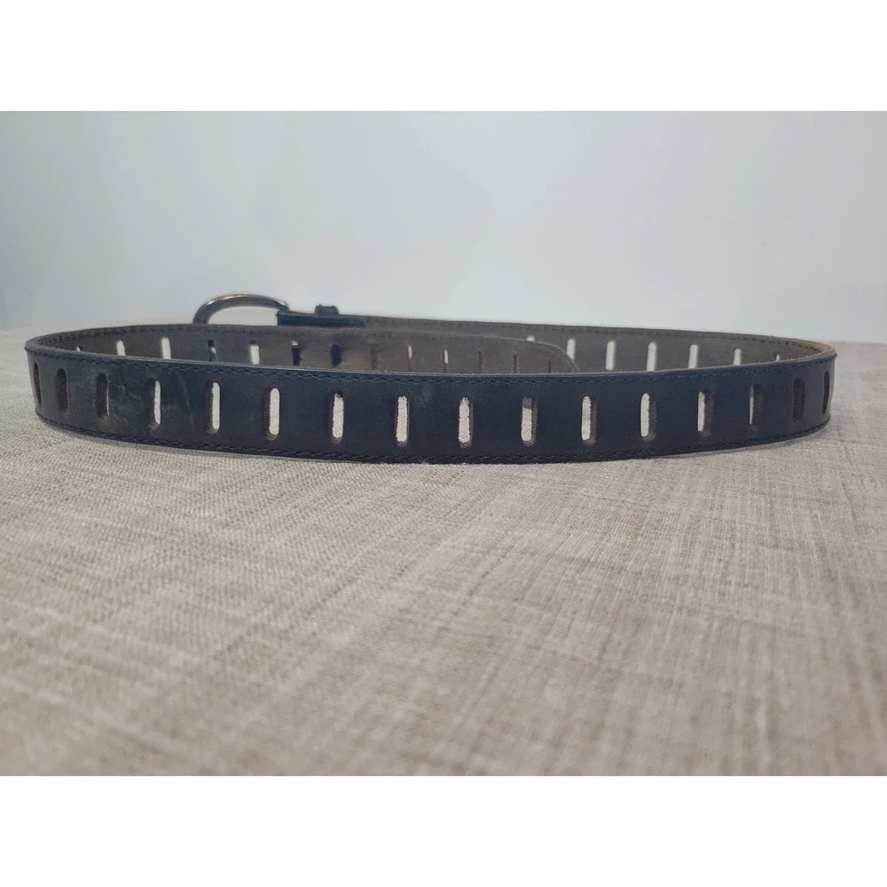 Vtg Levis Mens Black Leather Cutout Belt Silver Horseshoe Buckle Sz Large 1866